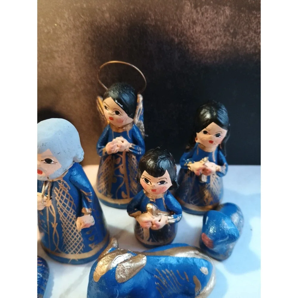 14 Piece Mexican Folk Art Christmas Nativity Set‎ Handpainted Blue Gold